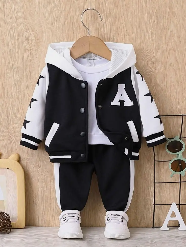 Baby Boy Letter Graphic Varsity Jacket and Pants Set