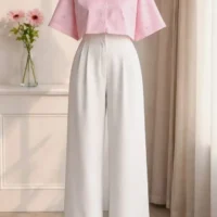 Elegant Pink Striped Top with High-waist white wide-leg trouser