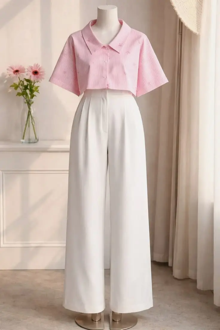 Elegant Pink Striped Top with High-waist white wide-leg trouser