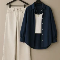 Combination of 3 - Navy Shirt, Wide Jeans, Ribbed Tank