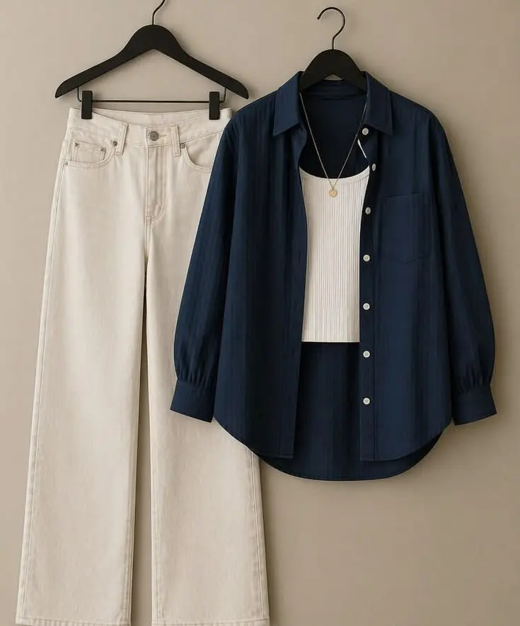 Combination of 3 - Navy Shirt, Wide Jeans, Ribbed Tank