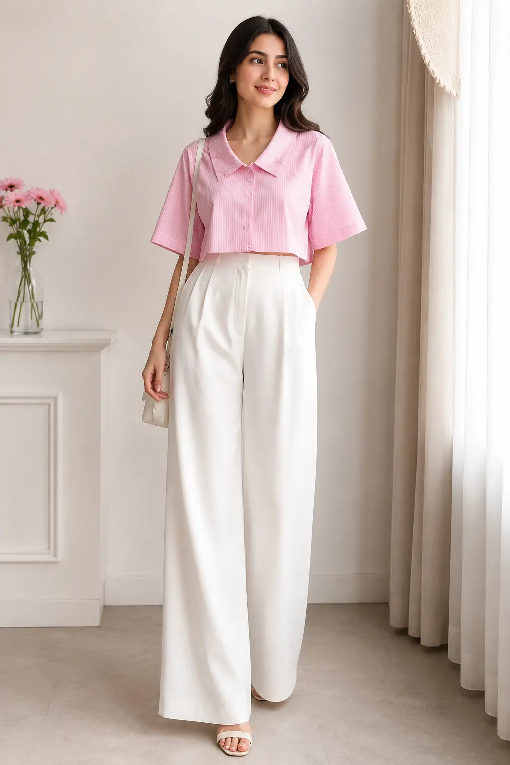 Elegant Pink Striped Top with High-waist white wide-leg trouser