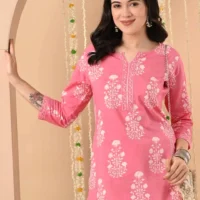DORIYA Printed Viscose Rayon Straight Kurta for Women (Pink)1