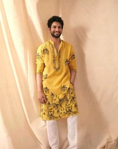 MUSTARD PARROT CHANDERI KURTA PAJAMA SET