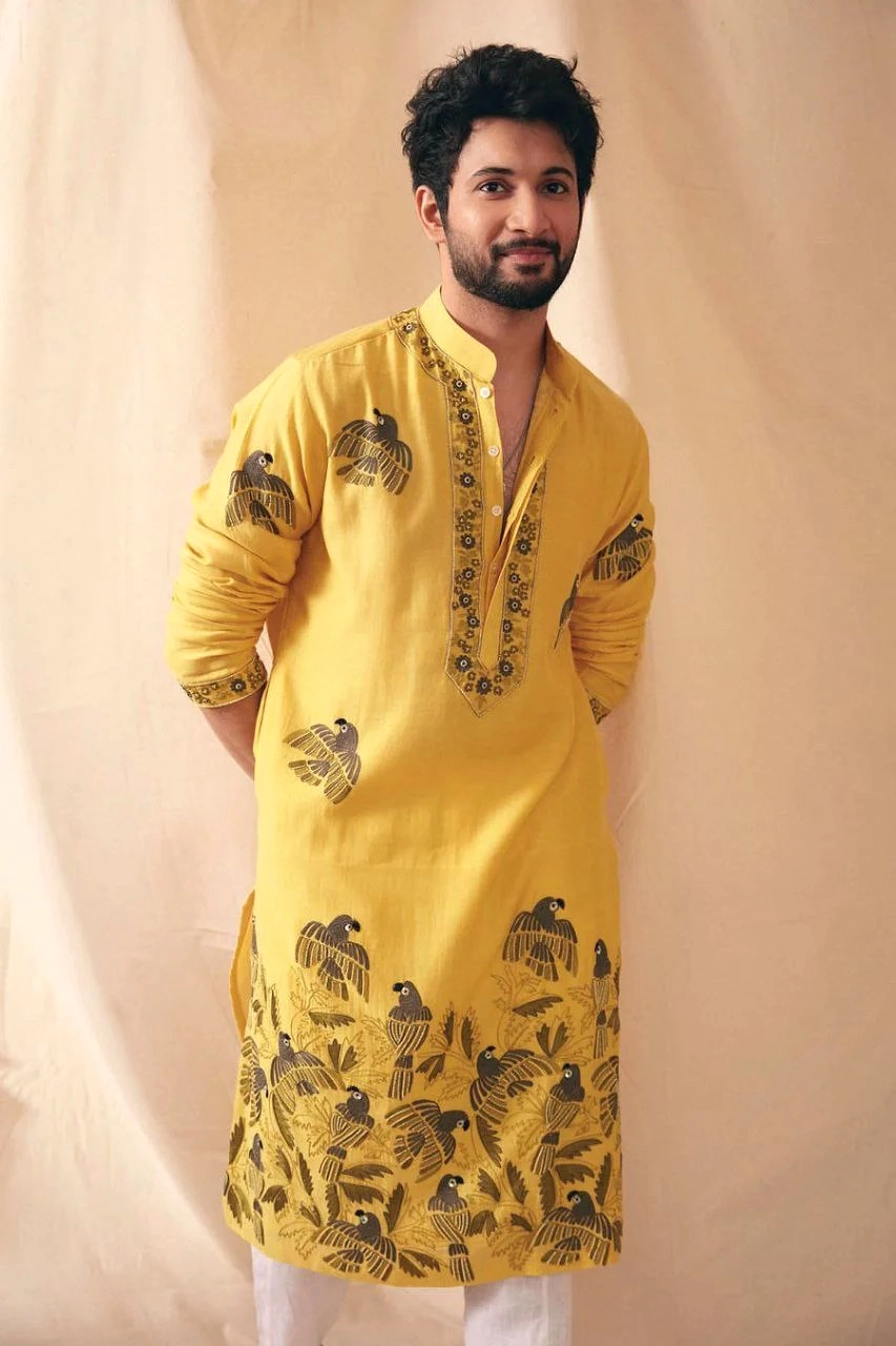 MUSTARD PARROT CHANDERI KURTA PAJAMA SET 1