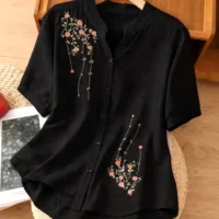 PRADHEMA Women Relaxed Fit Fit Embroidered, Floral Print Mandarin Collar Casual Shirt1