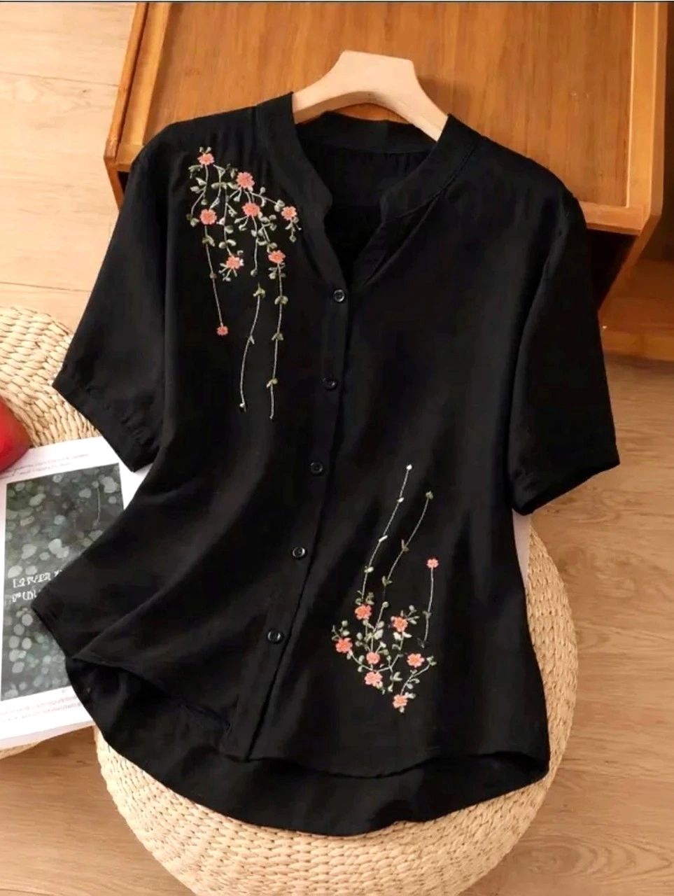 PRADHEMA Women Relaxed Fit Fit Embroidered, Floral Print Mandarin Collar Casual Shirt1