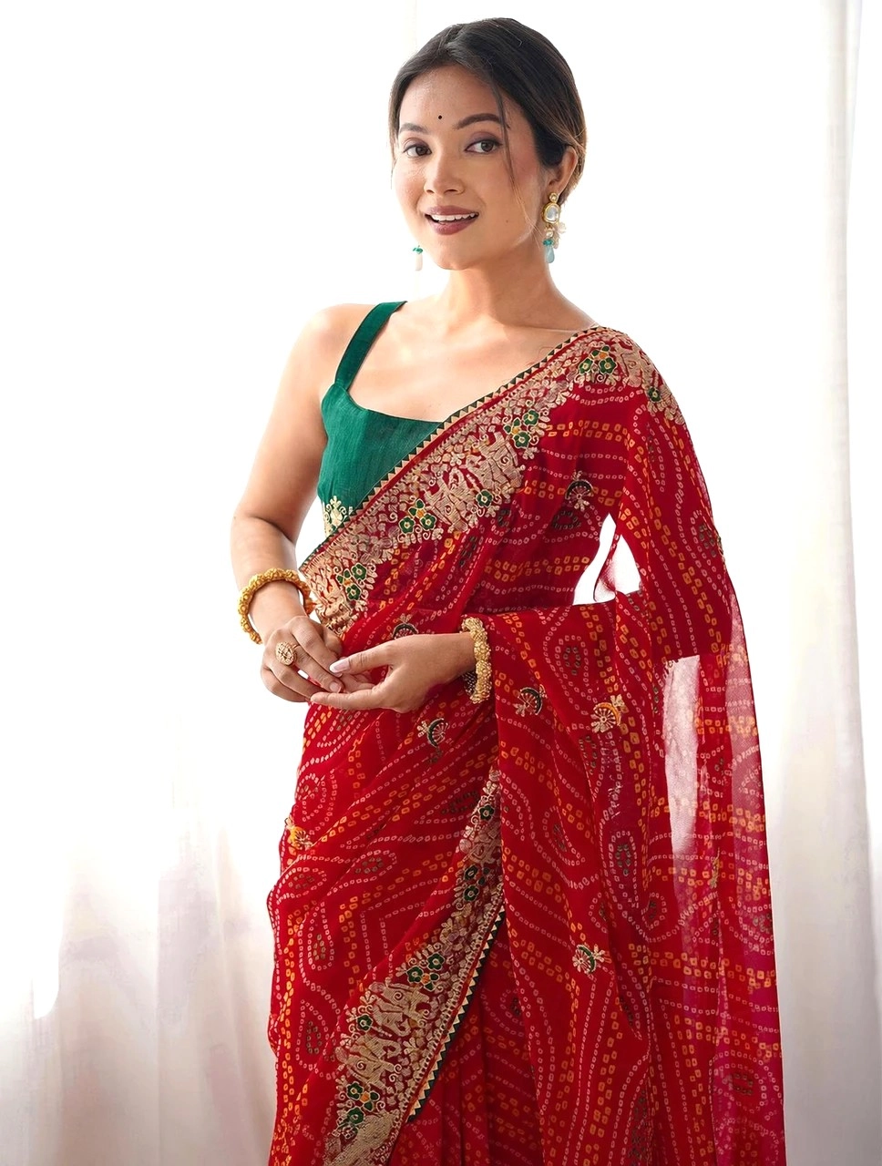 Satrani Printed, Embroidered, Embellished Bandhani Georgette, Lace Saree1