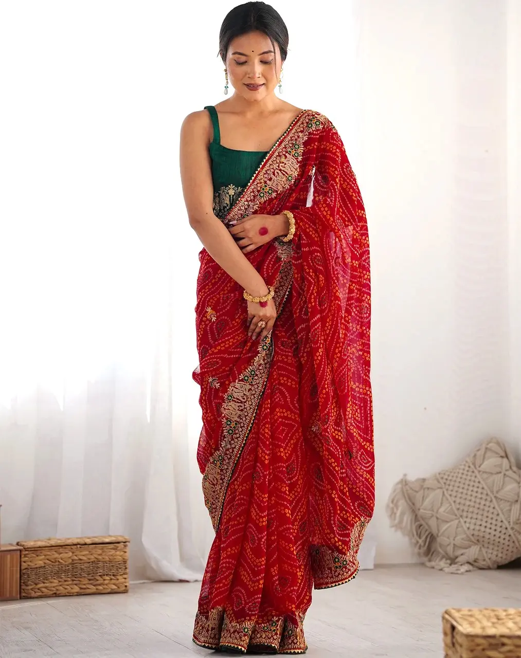 Satrani Printed, Embroidered, Embellished Bandhani Georgette, Lace Saree2